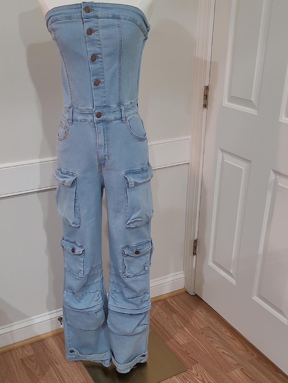 Daisy Strapless Light Wash Cargo Jeans Jumpsuit - Size S